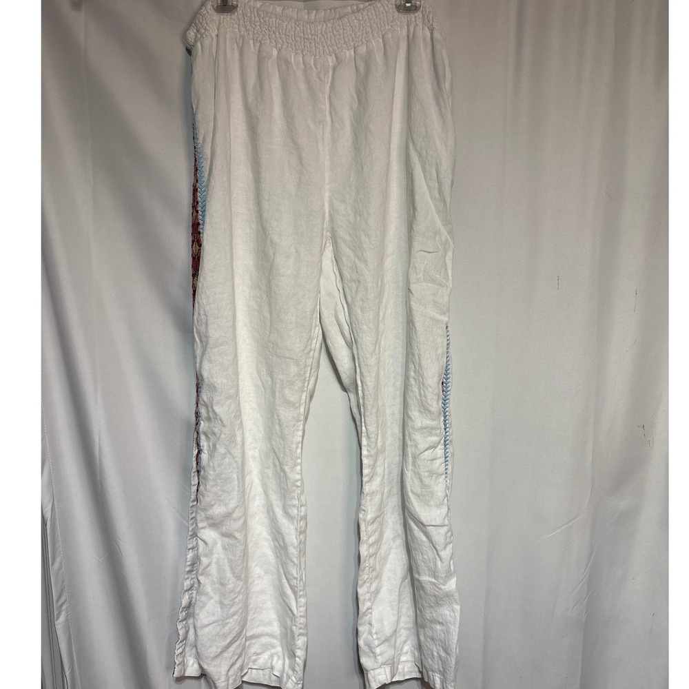 JW Los Angeles Womens XXL White Linen Embroidered Side Stripe Smocked Pants - Picture 1 of 7